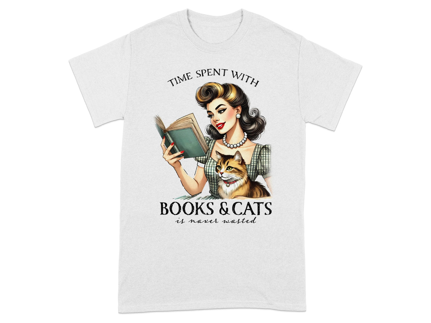 Retro woman reading with cat, "Time spent with books & cats is never wasted."