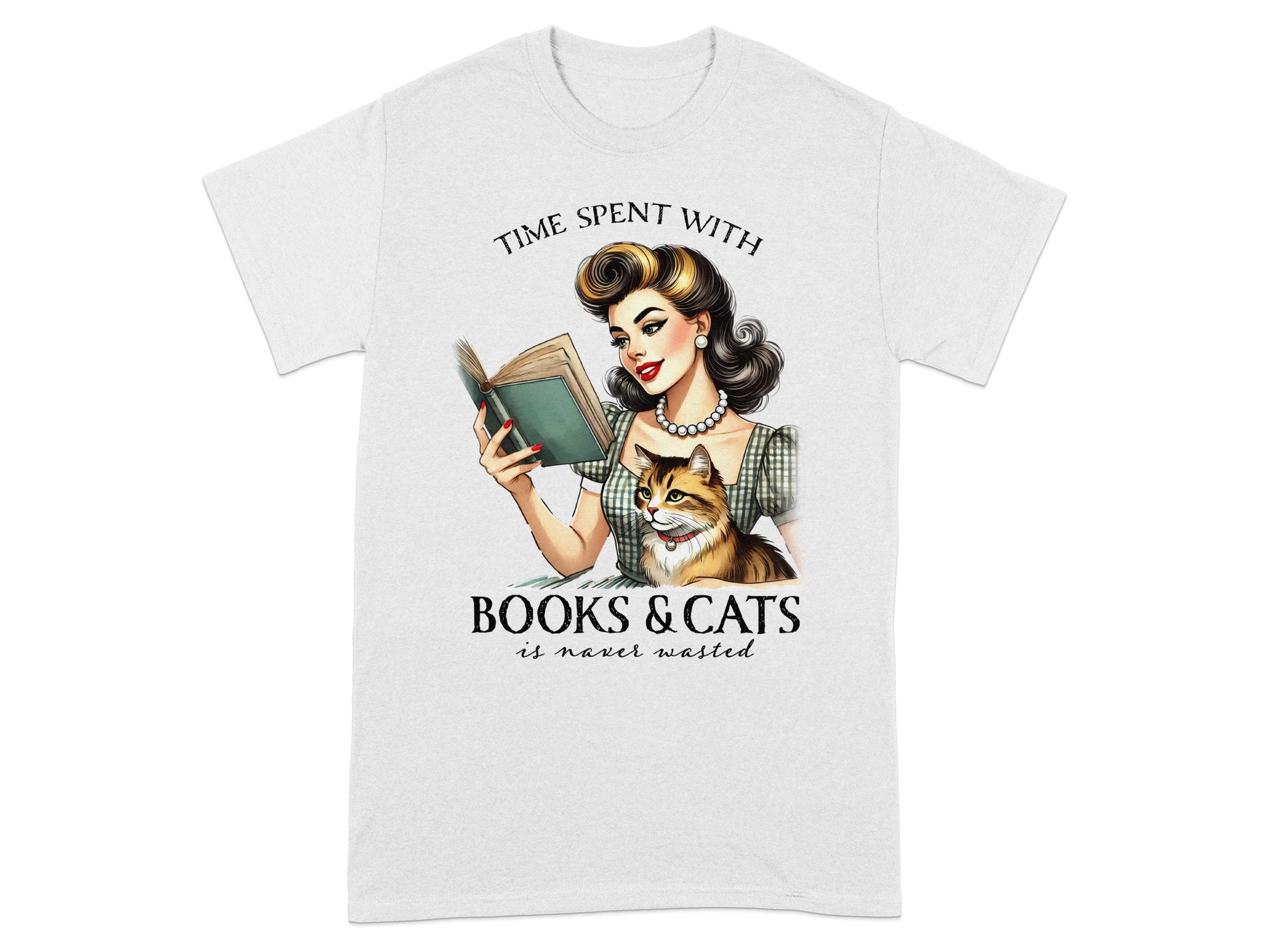 Retro woman reading with cat, "Time spent with books & cats is never wasted."