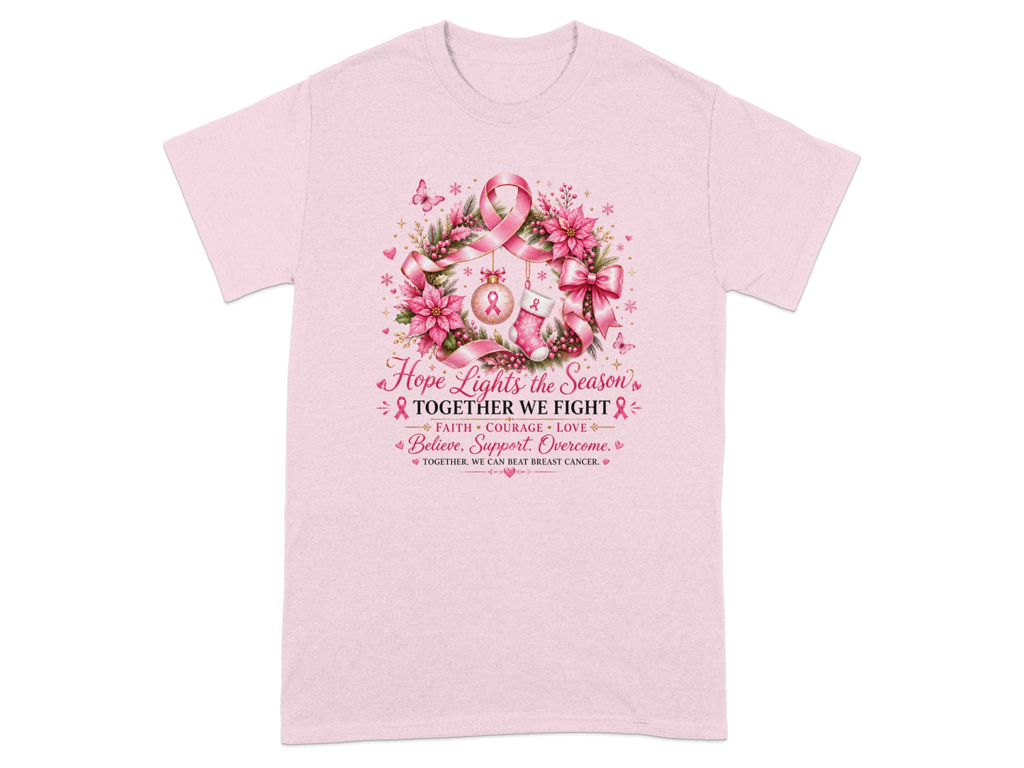 Pink t-shirt with breast cancer awareness graphic and text.