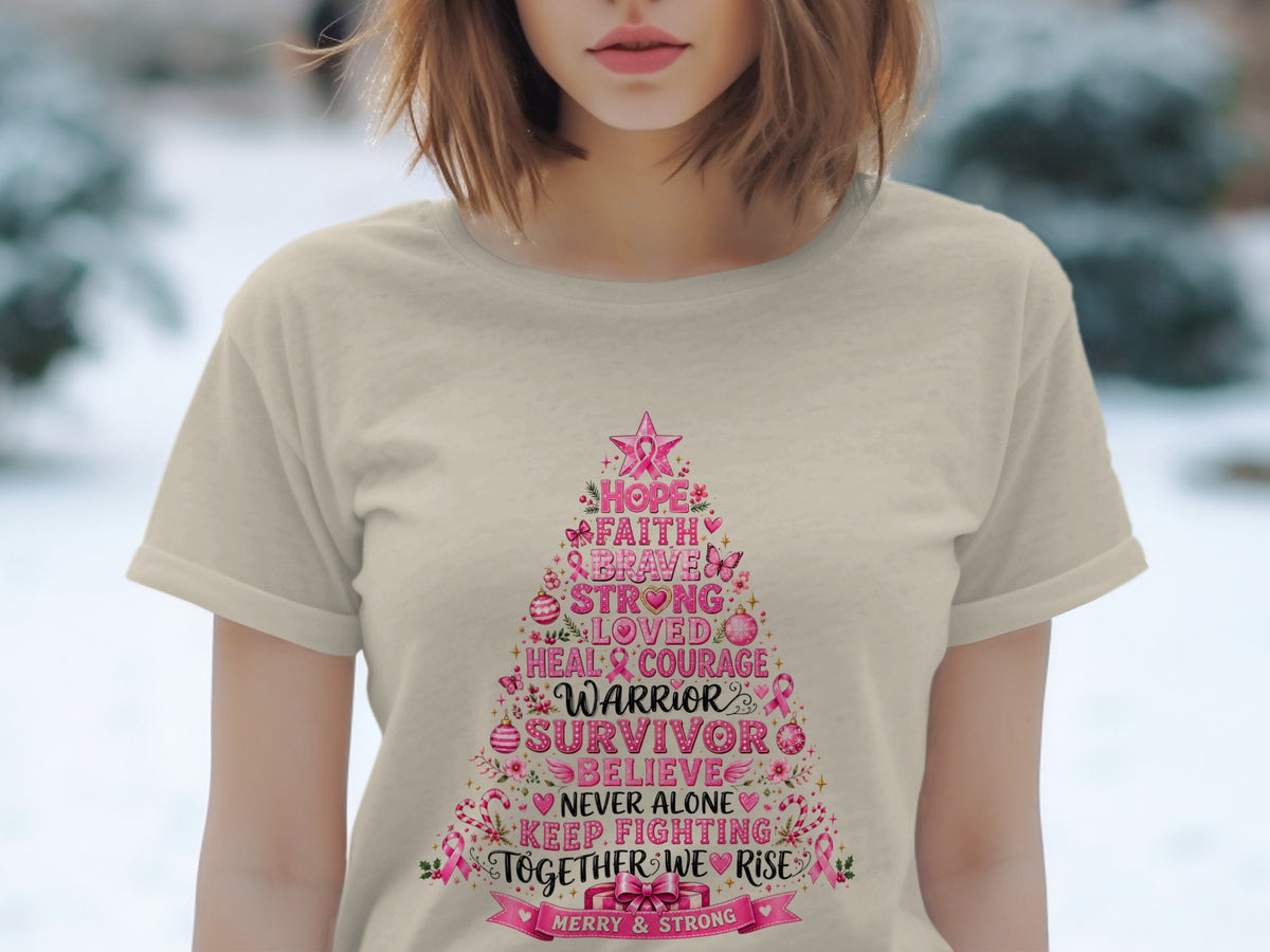 T-shirt with a Christmas tree design listing inspirational words for breast cancer awareness.