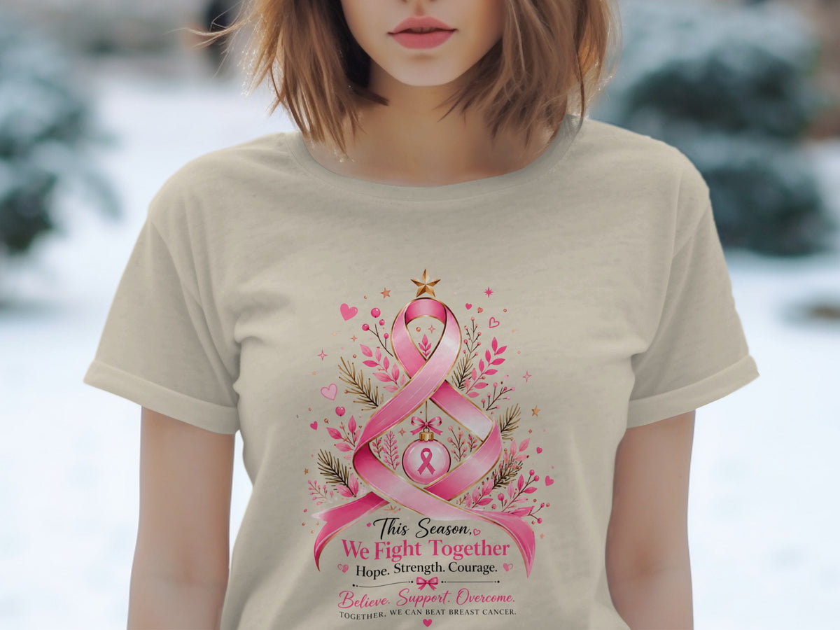 T-shirt with pink breast cancer ribbon design and supportive text.