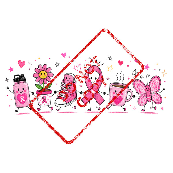 Cartoon breast cancer awareness symbols holding hands in a line.