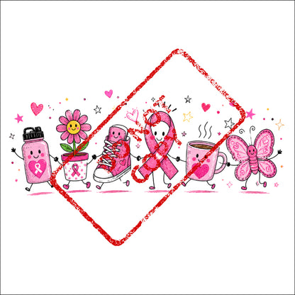 Cartoon breast cancer awareness symbols holding hands in a line.