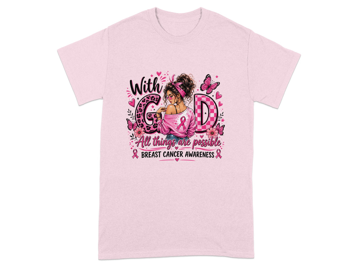 Pink t-shirt with "With God" and breast cancer awareness graphic.