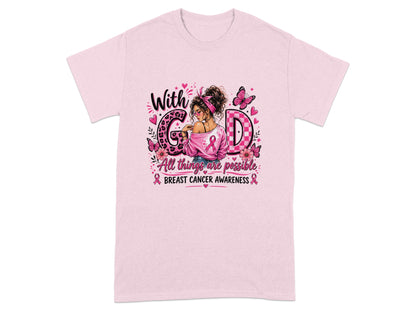 Pink t-shirt with "With God" and breast cancer awareness graphic.