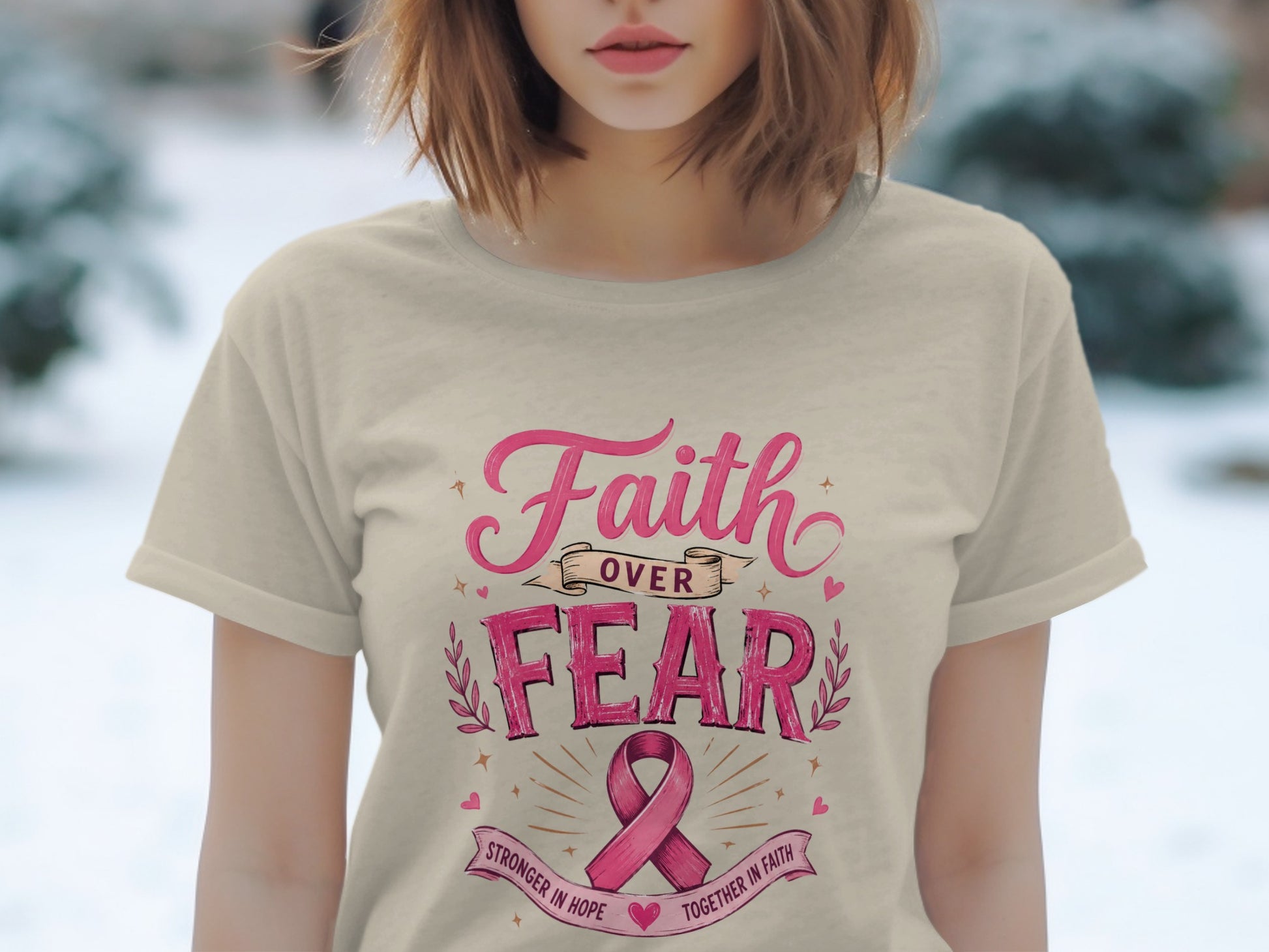Light beige t-shirt with pink "Faith Over Fear" graphic and ribbon.