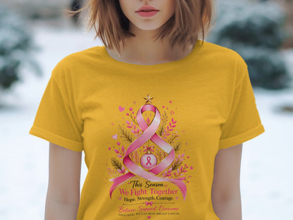 Yellow t-shirt with breast cancer awareness ribbon tree and text.