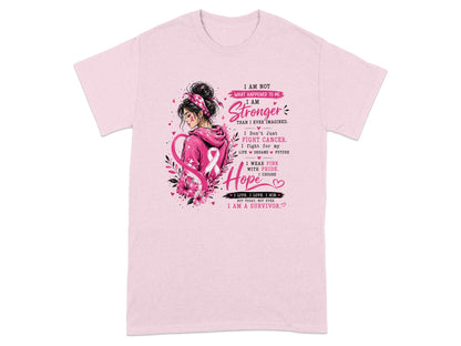 Pink t-shirt with woman and "Stronger Than I Ever Imagined" breast cancer awareness text.