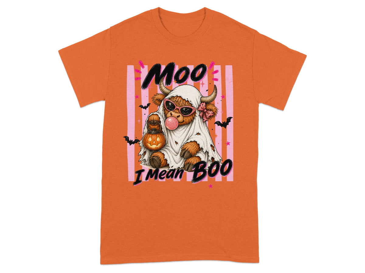 Highland cow in ghost costume with pumpkin and bubblegum, text "Moo I Mean Boo".