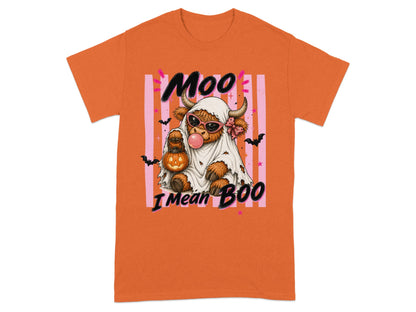 Highland cow in ghost costume with pumpkin and bubblegum, text "Moo I Mean Boo".