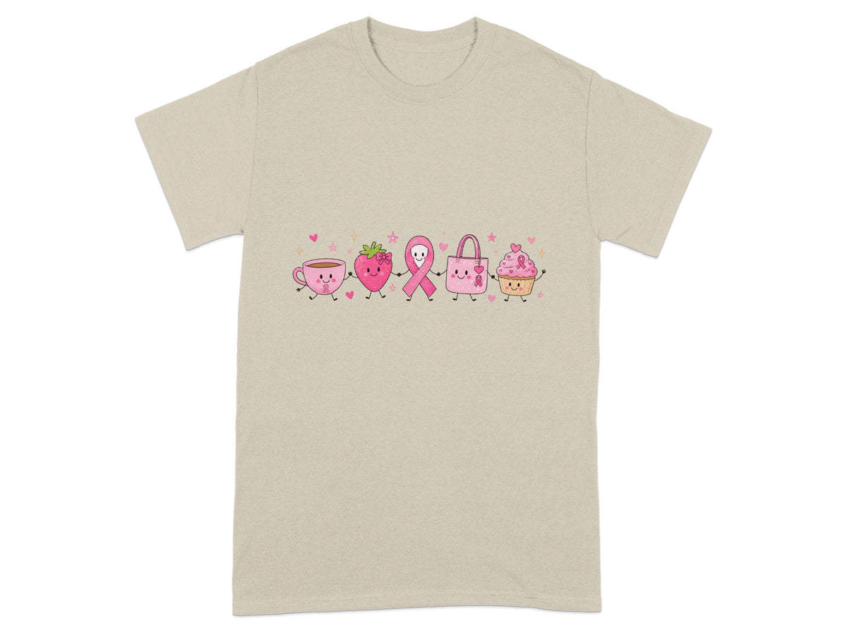 Pink cartoon coffee cup, strawberry, ribbon, tote bag, and cupcake holding hands.