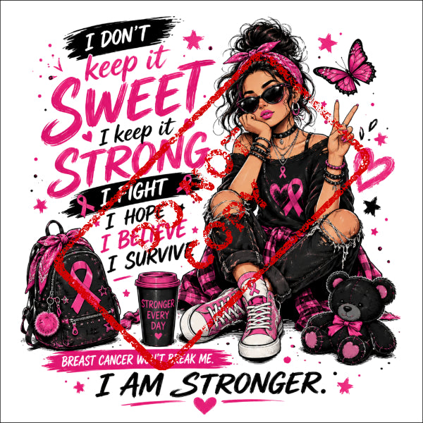 Woman with pink ribbon, "I AM STRONGER" text, and breast cancer awareness symbols.