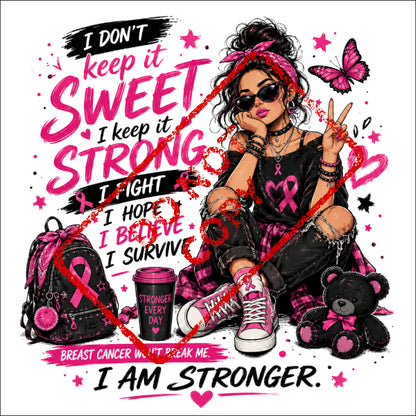 Woman with pink ribbon, "I AM STRONGER" text, and breast cancer awareness symbols.