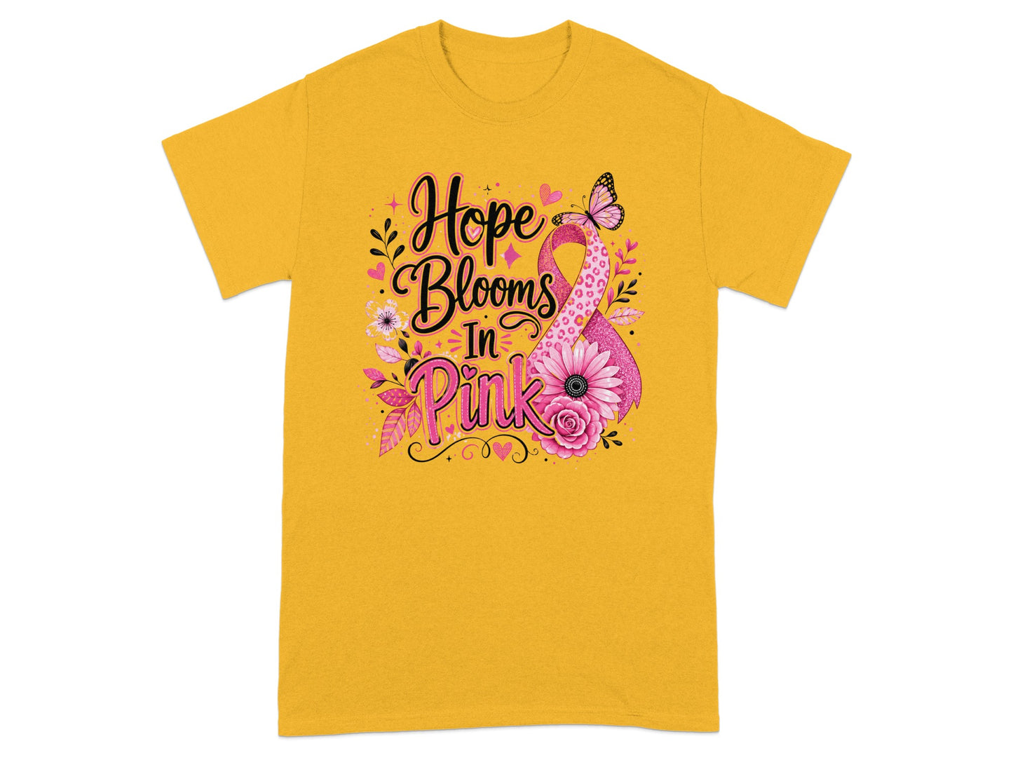 Yellow t-shirt with pink ribbon and "Hope Blooms In Pink" text.