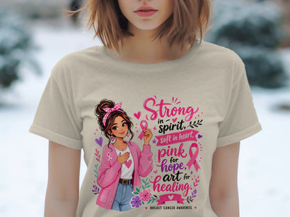 T-shirt with illustration of a woman holding a pink ribbon and text about breast cancer awareness.