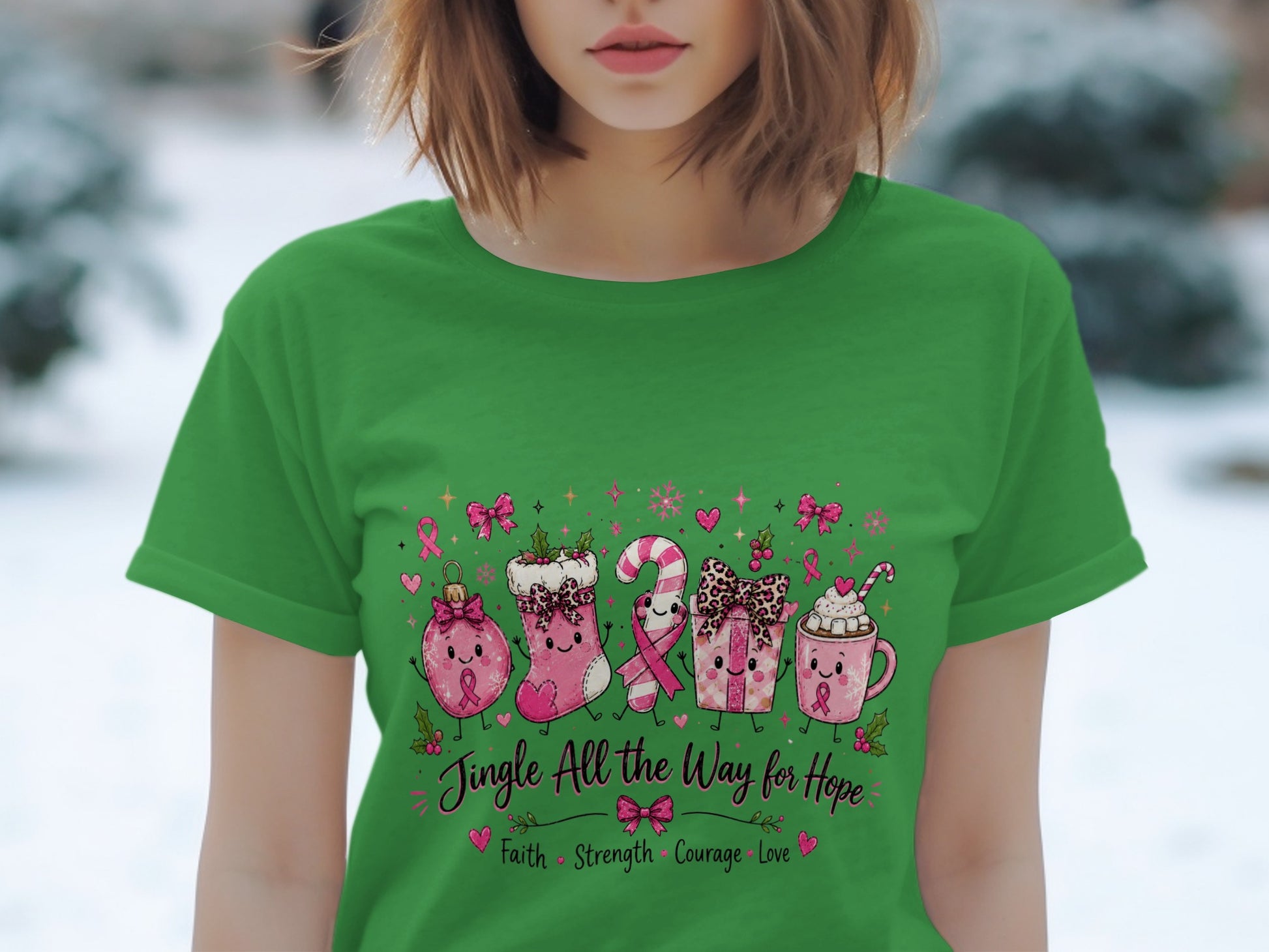 Green t-shirt with Christmas and breast cancer awareness themed graphic and text.
