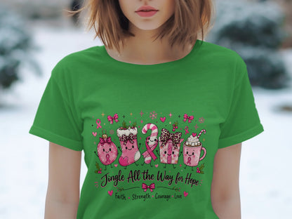 Green t-shirt with Christmas and breast cancer awareness themed graphic and text.