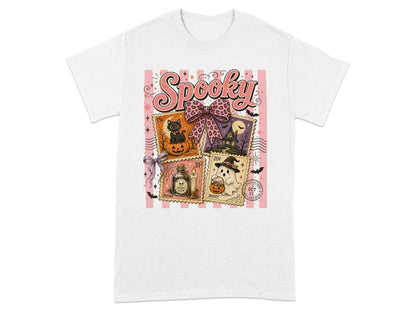 Spooky Halloween stamps featuring black cat, haunted house, potion, and ghost with pink stripes.