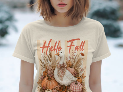 White goose with floral bow surrounded by pumpkins and fall foliage, "Hello Fall" text