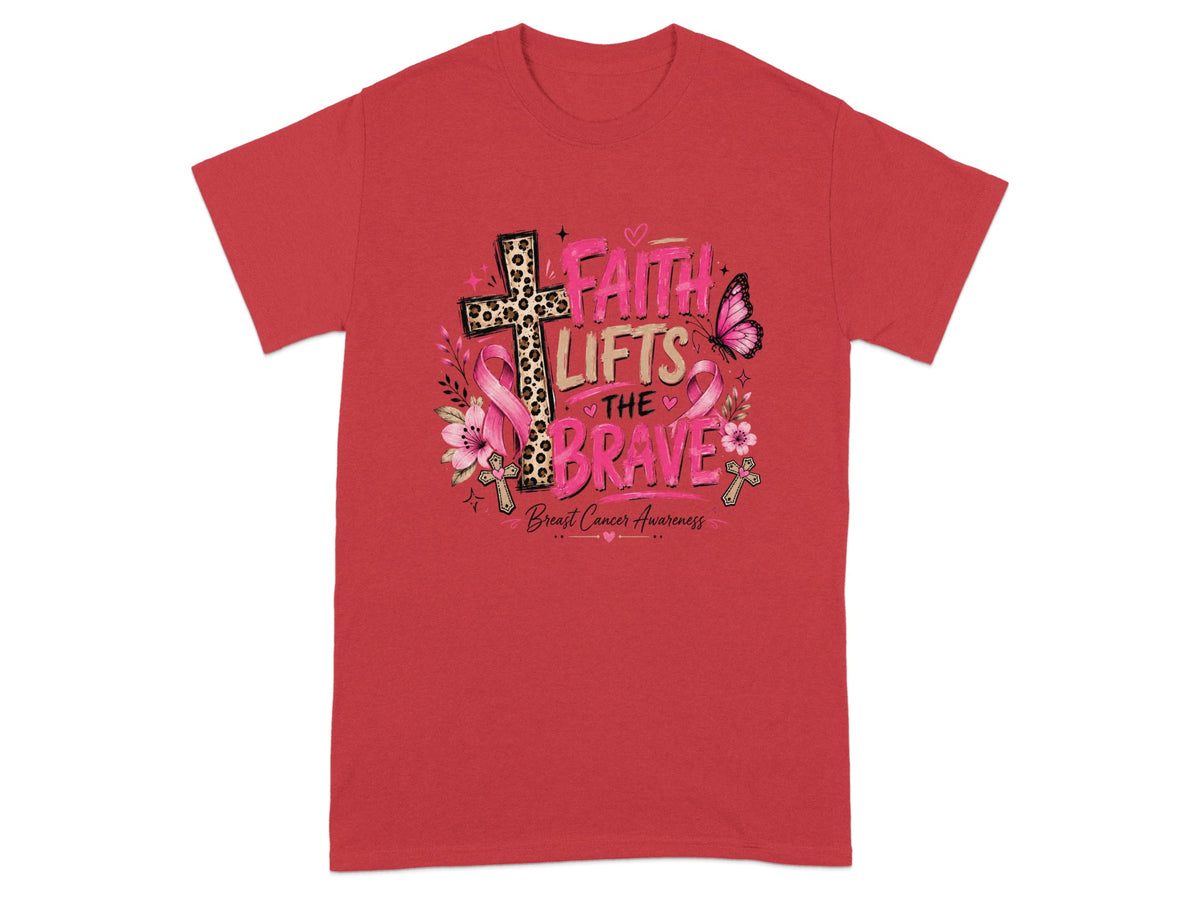 Red t-shirt with leopard print cross, butterfly, and "Faith Lifts the Brave" text.
