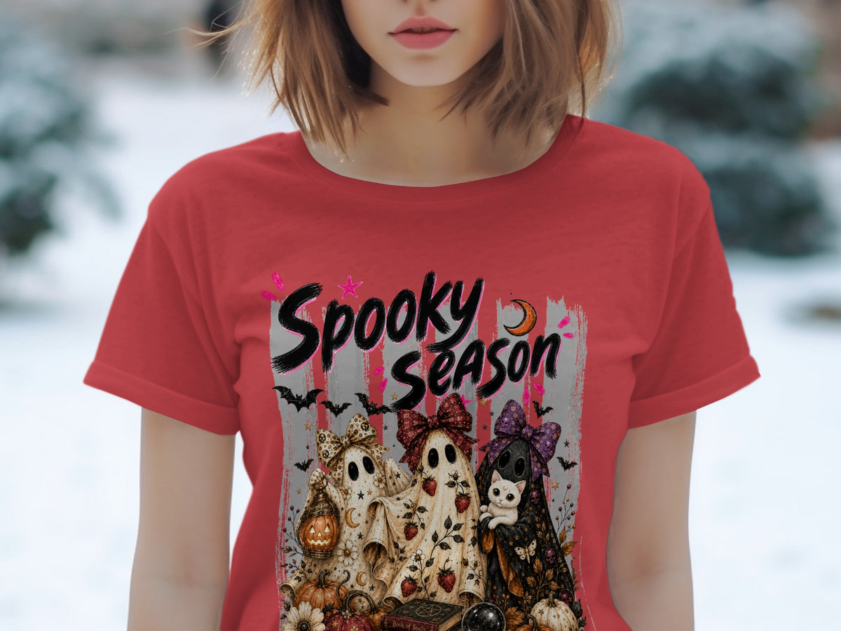 Red t-shirt with "Spooky Season" text and three ghosts with a cat and Halloween decorations.