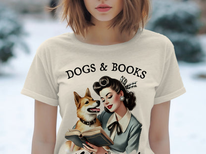 T-shirt with "Dogs & Books" text and retro illustration of a woman and dog reading a book.