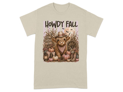 Highland cow wearing a cowboy hat with "Howdy Fall" text and Halloween pumpkins.