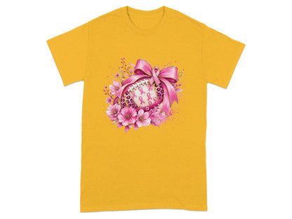 Football with pink ribbons and flowers, tied with a pink bow.