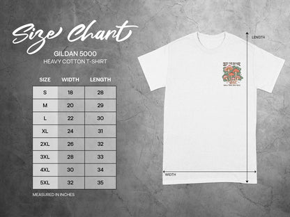 Gildan 5000 Heavy Cotton T-Shirt size chart with width and length measurements in inches.