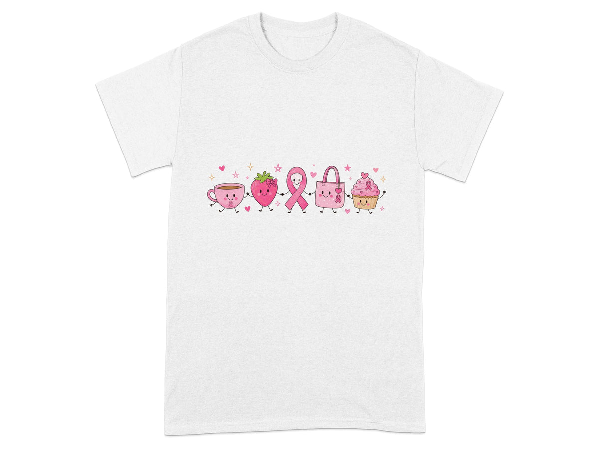 Cute cartoon characters of a coffee cup, strawberry, ribbon, handbag, and cupcake hold hands.