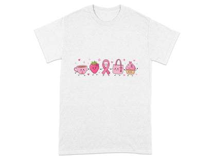 Cute cartoon characters of a coffee cup, strawberry, ribbon, handbag, and cupcake hold hands.