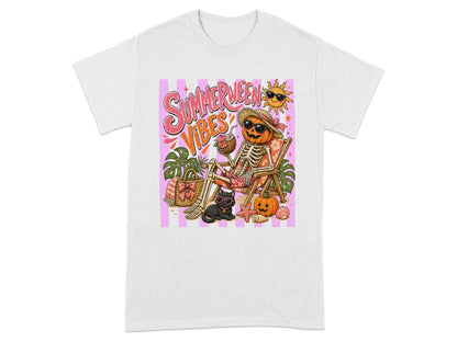 Skeleton with pumpkin head and sunglasses relaxes with a cat and beach items.