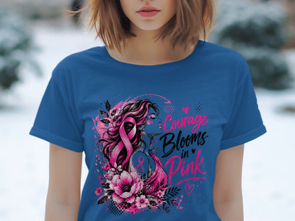 Blue t-shirt with "Courage Blooms in Pink" text and a woman with a pink ribbon.