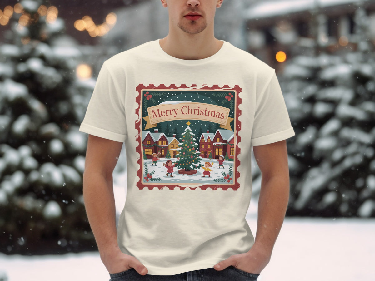Cream t-shirt with a Merry Christmas stamp design of a winter village scene.