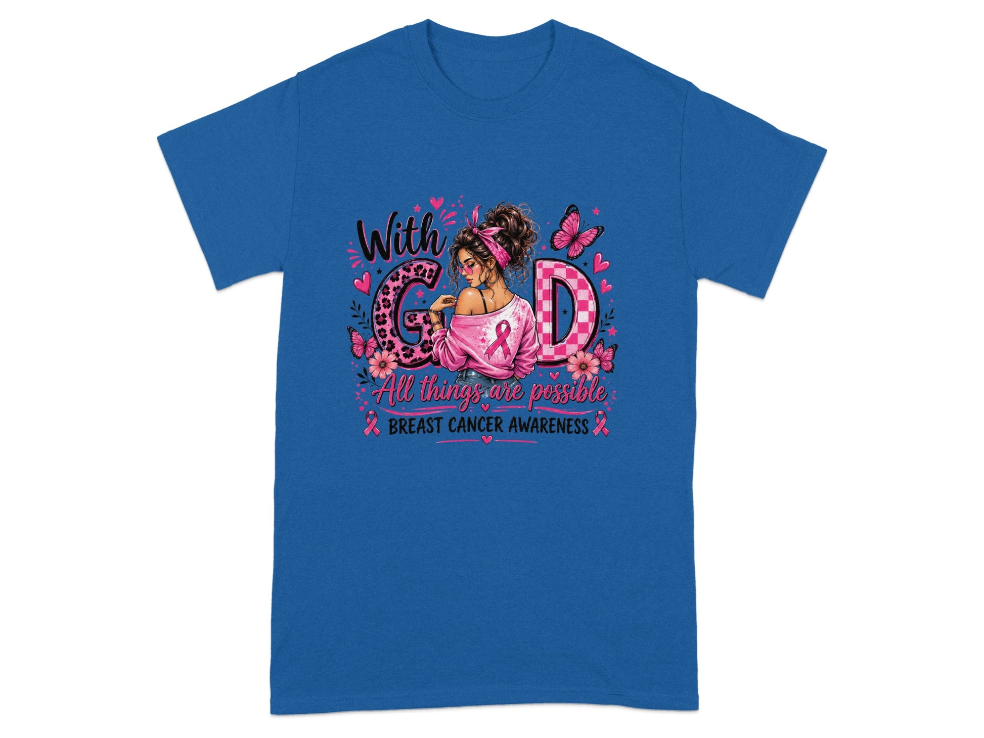 Blue t-shirt with "With GOD" and breast cancer awareness graphic.