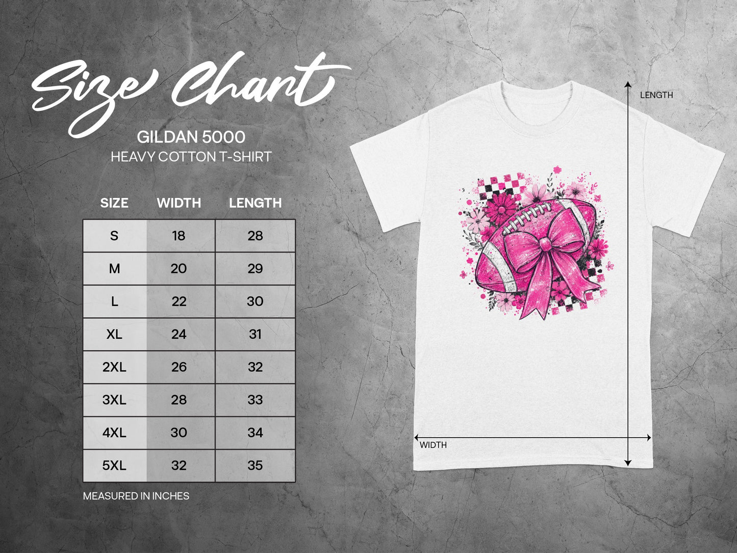 Gildan 5000 Heavy Cotton T-Shirt size chart with width and length measurements in inches.