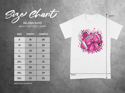 Gildan 5000 Heavy Cotton T-Shirt size chart with width and length measurements in inches.