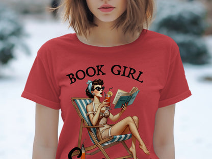 Red t-shirt with "BOOK GIRL" text and vintage pin-up reading a book.