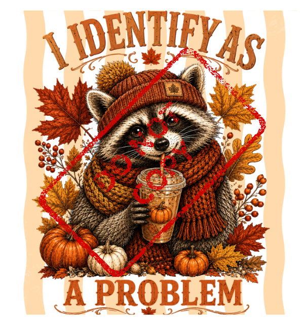 Raccoon in autumn scarf and hat drinks from a cup, with text "I IDENTIFY AS A PROBLEM".