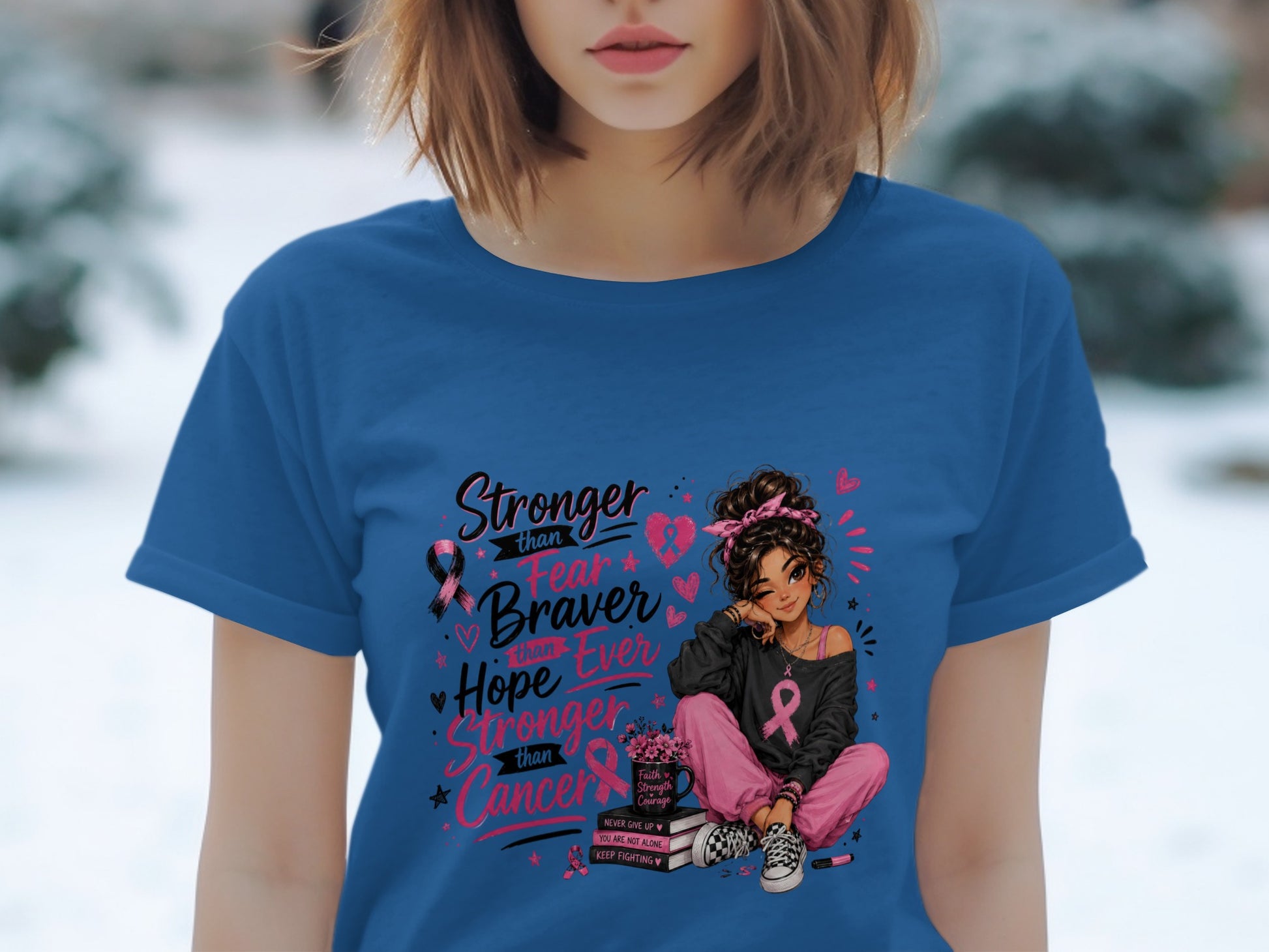 Girl with pink ribbon art and text about strength and hope for cancer.