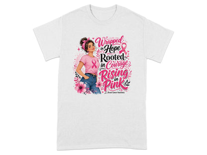 Woman with "Wrapped in Hope, Rooted in Courage, Rising in Pink" text for Breast Cancer Awareness.