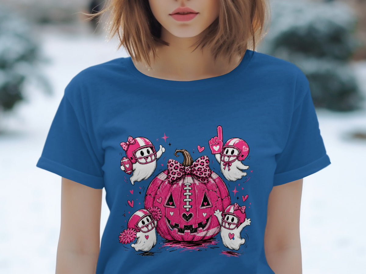 Cute ghosts in football helmets surround a pink pumpkin with a leopard print bow.