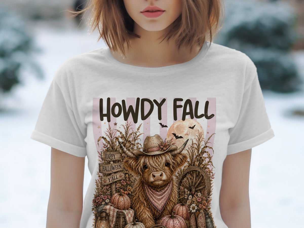 Highland cow in cowboy hat and bandana with pumpkins, fall, and Halloween decorations.