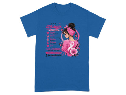 T-shirt graphic with inspirational text about strength and a woman with a pink ribbon.