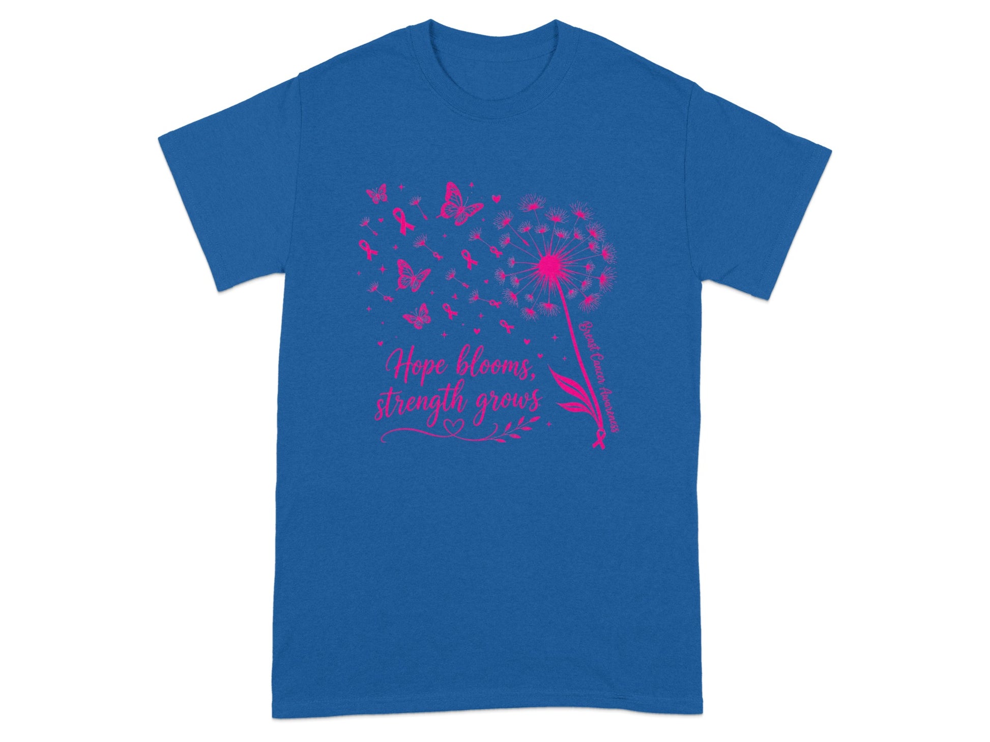 Royal blue t-shirt with pink dandelion, butterflies, ribbons, and text.