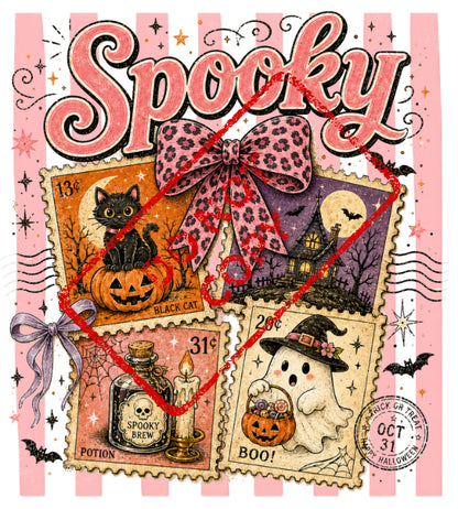 Halloween stamps featuring a black cat, haunted house, potion, and ghost with "Spooky" text.