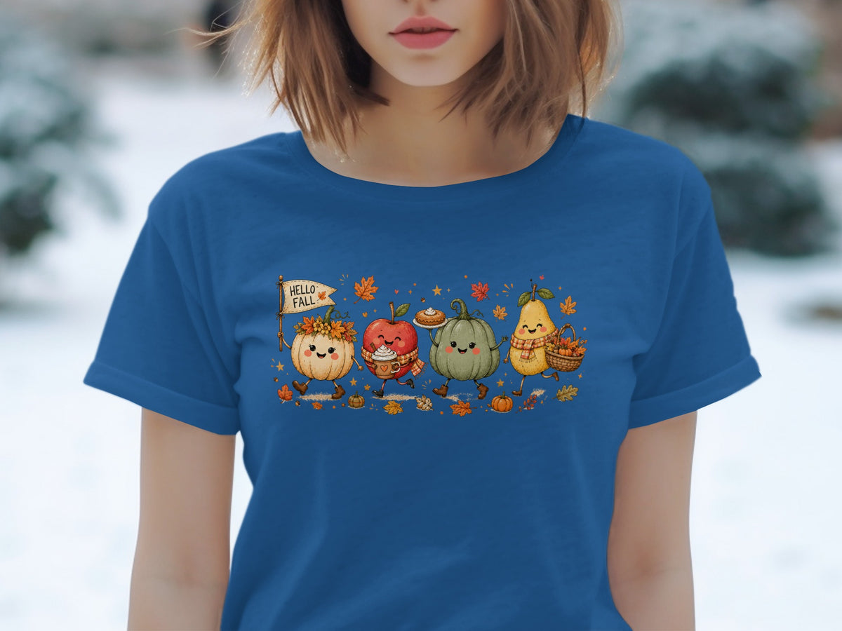 Cute fall characters including pumpkins, apple, and pear with "Hello Fall" banner.