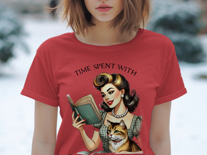 Retro woman reading a book with a cat, text reads "TIME SPENT WITH".