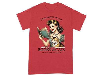 Retro woman reading book with cat, text "Time Spent With Books & Cats is Never Wasted."