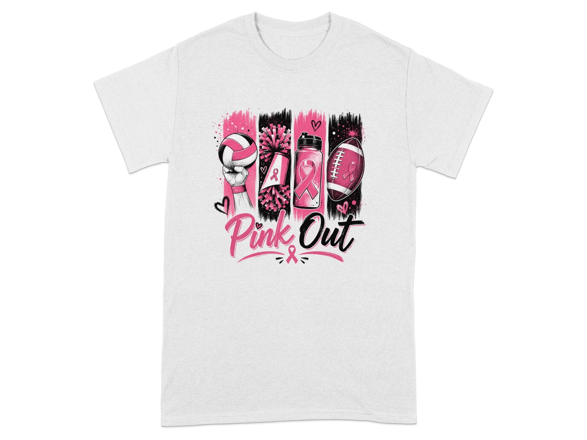 Pink Out graphic with volleyball, pom-poms, water bottle, and football.